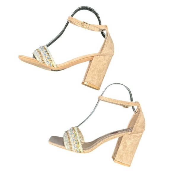 Yoki Tan Suede High Heel Beaded & Embroidered‎ Block Wrap Sandal EUC, Size 7.5 - Picture 1 of 7